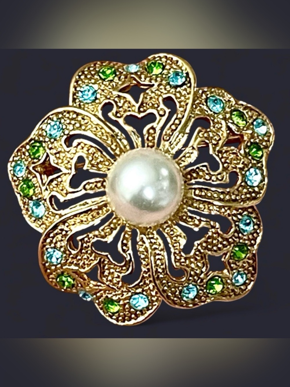 Vintage Gold Tone Floral Brooch Pearl Center Rhinestone Green Blue Flower Pin